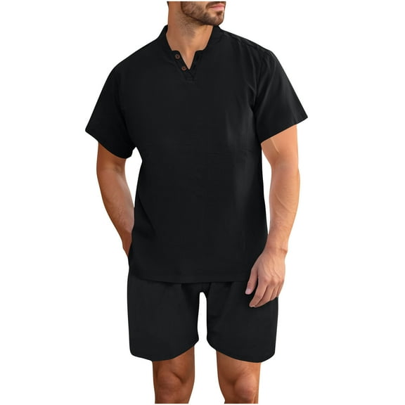 Stamzod Men Short Sets Outfits Solid Color Short Sleeve Tshirt Casual Shorts with Pocket Summer Track Suits Mens Vacation Outfits Black XS