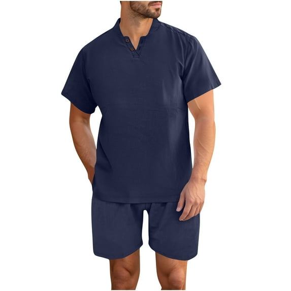Stamzod Men Short Sets Outfits Solid Color Short Sleeve Tshirt Casual Shorts with Pocket Summer Track Suits Mens Vacation Outfits Dark Blue XS