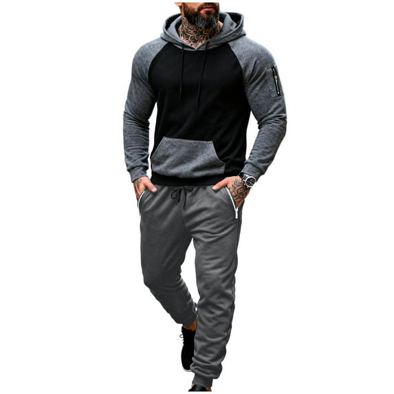 Stamzod Men Sweatsuits Sets Fashion Patchwork Long Sleeve Hoodies Jogger Sweatpants 2 Piece Casual Track Suits Mens Fall Winter Activewear Black K XXL