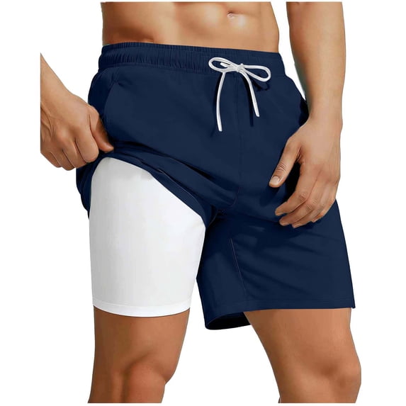 Stamzod Men Swim Trunks with Compression Liner 2 In 1 Quick-Dry Swim Shorts Big & Tall Board Shorts Dark Blue B M