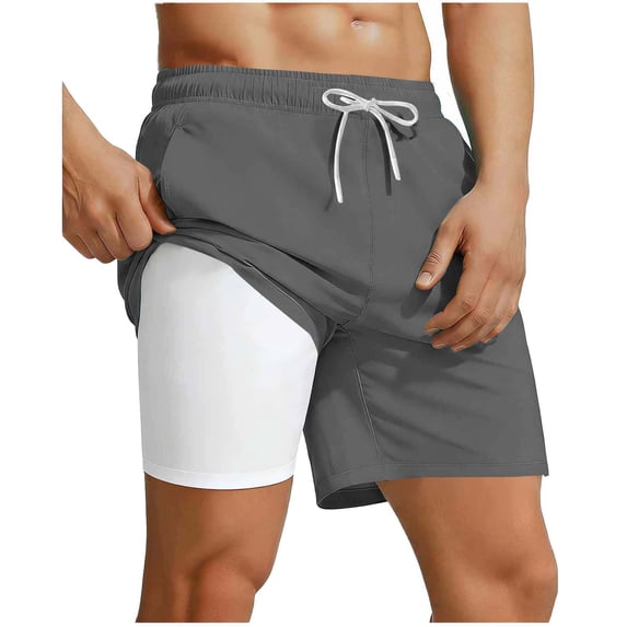 Stamzod Men Swim Trunks with Compression Liner 2 In 1 Quick-Dry Swim Shorts Big & Tall Board Shorts Gray B XXXL