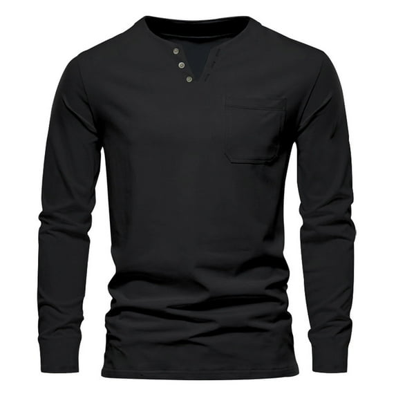 Stamzod Men T Shirts Fashion Vintage Solid Color V Neck Long Sleeve Shirts Spring and Fall Cotton and Linen Casual Shirts for Men Black M
