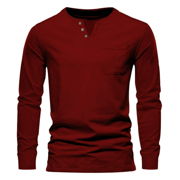 Stamzod Men T Shirts Fashion Vintage Solid Color V Neck Long Sleeve Shirts Spring and Fall Cotton and Linen Casual Shirts for Men Red XXL