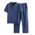 thumbnail image 1 of Stamzod Men's 2 Piece Linen Set Short Sleeve Button V Neck Shirt and Drawstring Waist Pant Sets Solid Plus Size Vacation Beach Yoga Outfits, 1 of 7