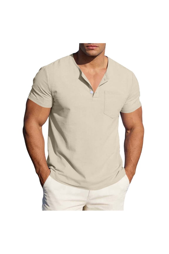 Men's Beach Vcation Shirts Summer Crewneck Short Sleeve Cotton Linen Shirt Plus Size Fashion Casual Pullover Tops Mens Clothes Khaki L