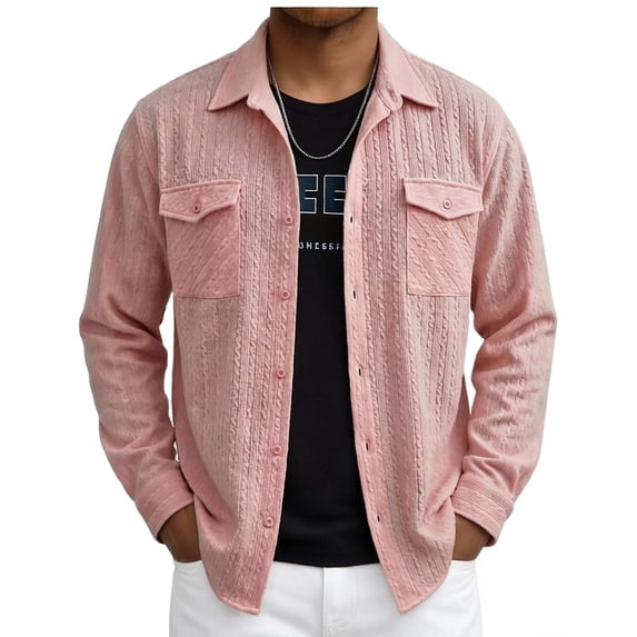Stamzod Men's Button Down Shirt Jacket Casual Long Sleeve Shacket Spring Summer Textured Shirts with Pockets Pink C M