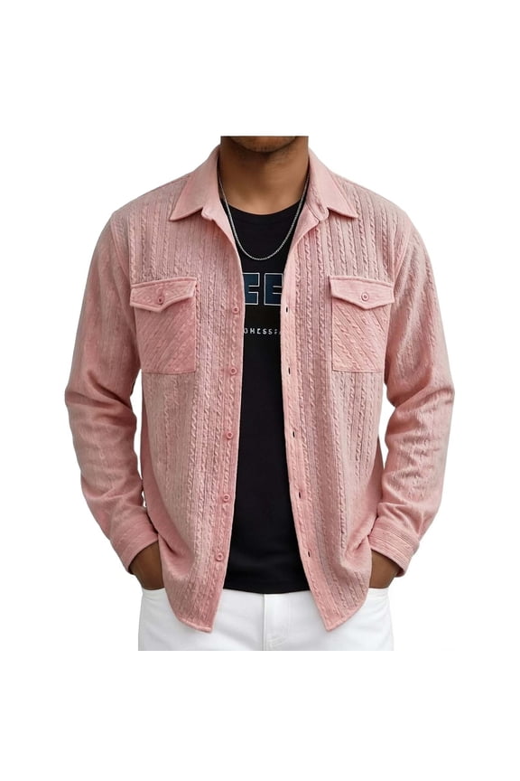 Men's Button Down Shirt Jacket Casual Long Sleeve Shacket Spring Summer Textured Shirts with Pockets Pink C XL