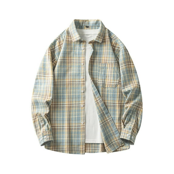 Stamzod Men's Button Down Shirts Fashion Plaid Pritned Turndown Casual Shirts with Pocket Mens Long Sleeve Shirt Light Blue XXXXL