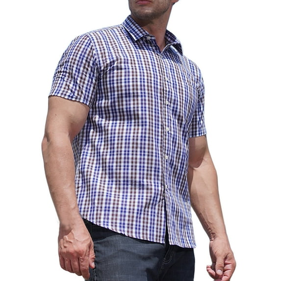 Stamzod Men's Button Down Shirts Fashion Plaid Printing Summer Turndown Short Sleeve Shirts Casual Plus Size Cotton Business Shirt with Pocket Blue XXXXXL