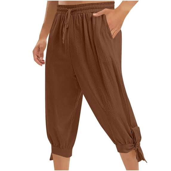 Stamzod Men's Capri Pants Summer Solid Color Elastic Waist Medieval Pirate Pants with Pocket Casual Loose Oversized Vacation Beach Pants for Men Brown XXXL