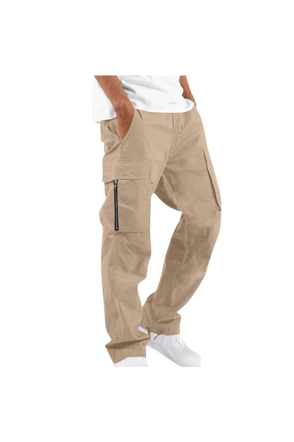 Men's Cargo Pants Fashion Vintge Solid Color Elastic Waist Tactical Work Pants with Pocket Casual Outdoor Hiking Sweatpants for Men Khaki-1 XXL