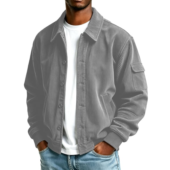 Stamzod Men's Clothing Bomber Jacket Men Collar Button Up Sleeve Corduroy Jackets for Men Fall Coat Gray M