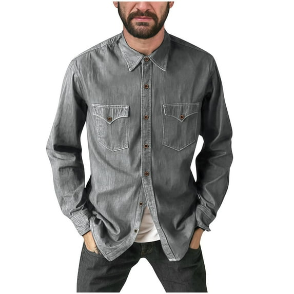 Stamzod Men's Clothing Fashion Solid Color Summer Turndown Long Sleeve Shirts Daily Casual Loose Plus Size Button Down Shirt with Pocket Gray M