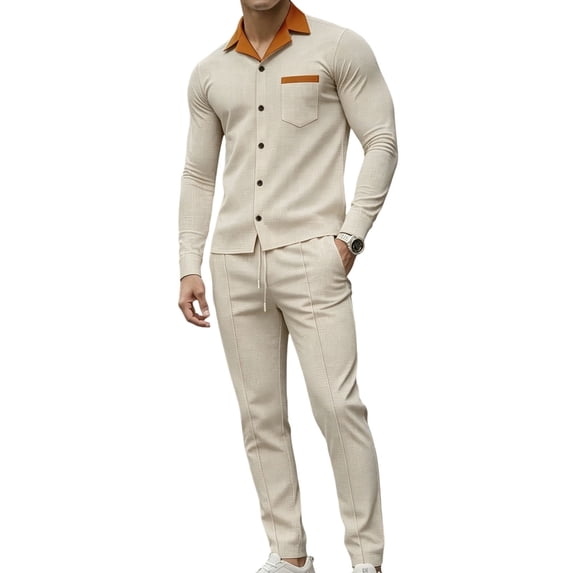 Stamzod Men's Clothing Sets 2 Piece Track Suit Long Sleeve Button Down Shirt and Pants Set Color Block Loose Fit Fall Outfits