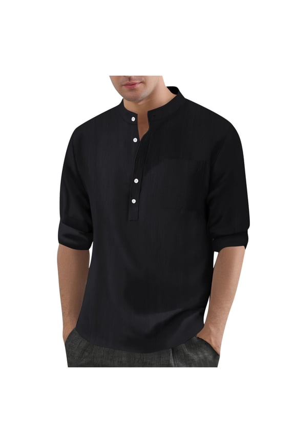 Men's Clothing Spring & Fall Solid Color Stand Collar Work Shirts Loungewear Daily Casual Loose Long Sleeve Shirts for Men Black XL