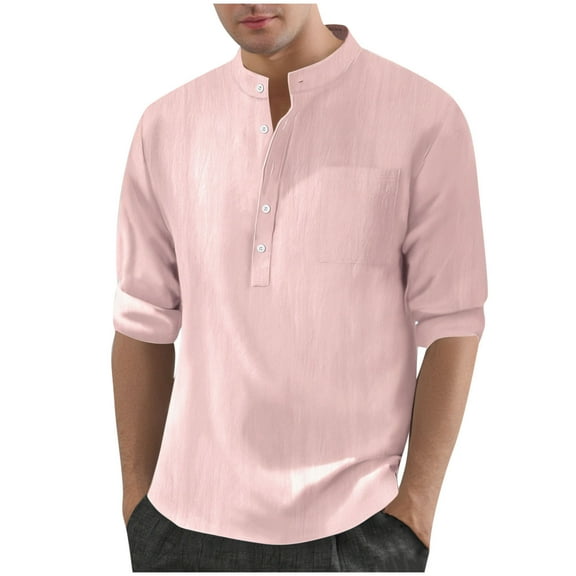 Stamzod Men's Clothing Spring & Fall Solid Color Stand Collar Work Shirts Loungewear Daily Casual Loose Long Sleeve Shirts for Men Pink S