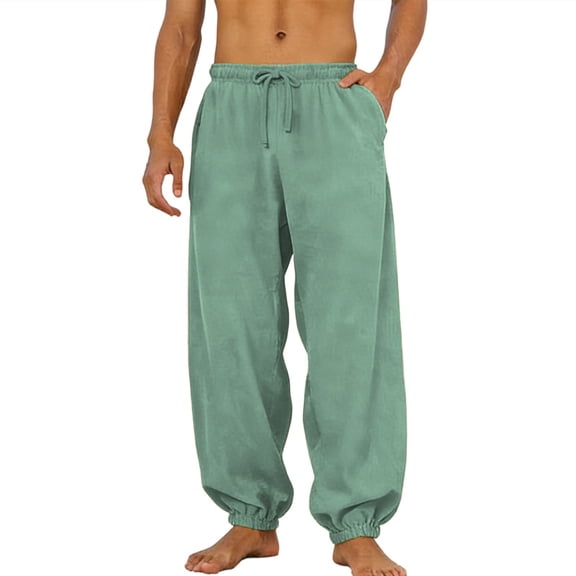 Stamzod Men's Cotton and Linen Pants Solid Color Elastic Waist Summer Beach Trousers Loose Casual Pants for Men Mint Green D S