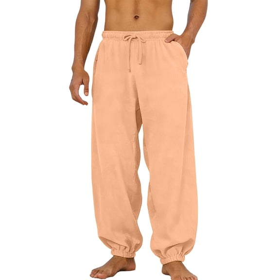 Stamzod Men's Cotton and Linen Pants Solid Color Elastic Waist Summer Beach Trousers Loose Casual Pants for Men Orange D S