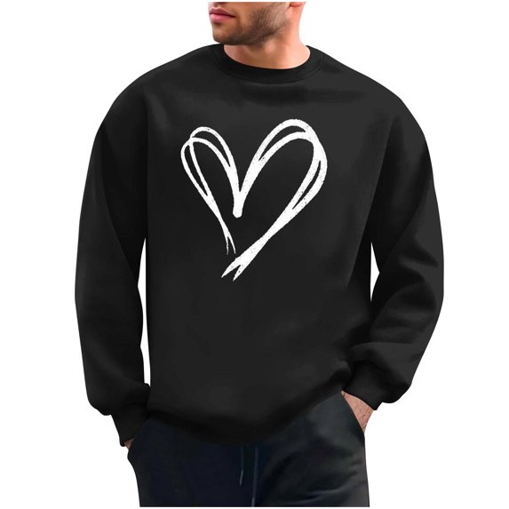 Stamzod Men's Crewneck Sweatshirt Lover Heart Printed Long Sleeve Tops Casual Valentines Sweatshirts for Men Black B XXL