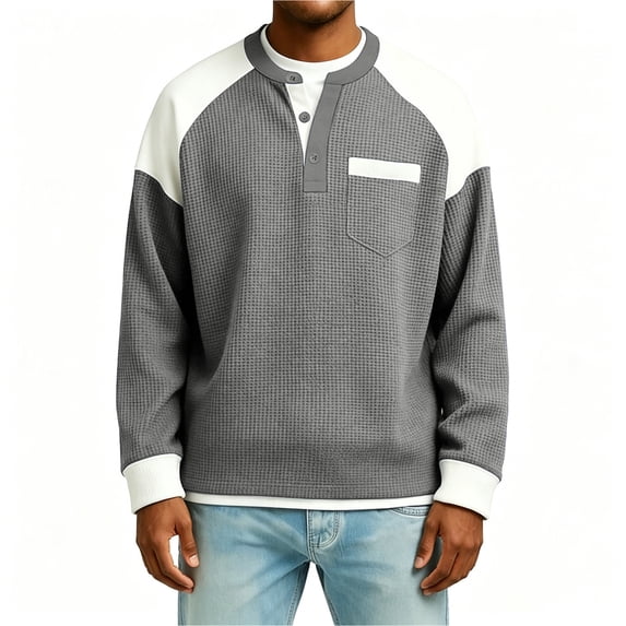 Stamzod Men's Crewneck Sweatshirt Spring Fall Color Block Button-Up Sweat Shirt Long Sleeve Knit Waffle Sweatshirts with Pocket Gray XXXL