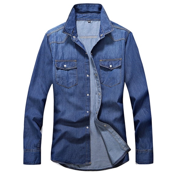 Stamzod Men's Denim Shirts Collared Long Sleeve Button Down Shirt Men Casual Jacket Shirt with Pocket Plus Size Clothes Dark Blue L