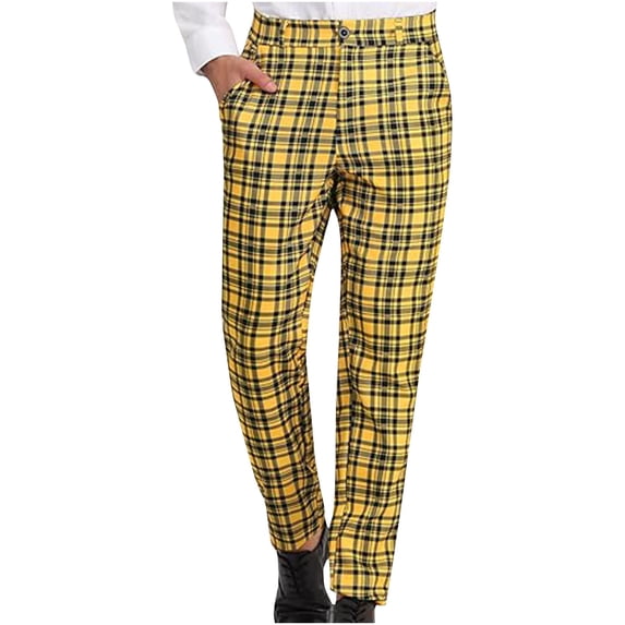 Stamzod Men's Dress Pants Fashion Plaid Printed Flat Front Wedding Party Pants with Pocket Business Casual Straight Work Pants for Men Yellow-3 XL