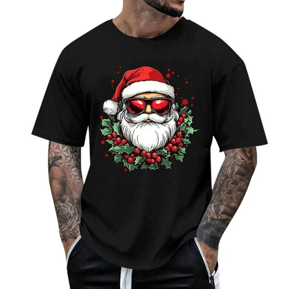 Stamzod Men's Fashion Christmas Shirt Short Sleeve Crewneck T-Shirts 2025 Xmas Santa Graphic Tees for Men Black F S