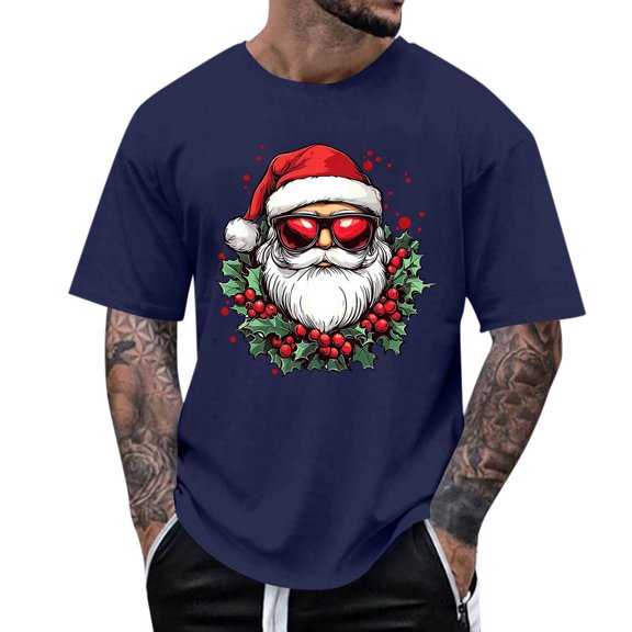 Stamzod Men's Fashion Christmas Shirt Short Sleeve Crewneck T-Shirts 2025 Xmas Santa Graphic Tees for Men Blue F XL
