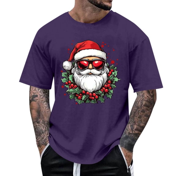 Stamzod Men's Fashion Christmas Shirt Short Sleeve Crewneck T-Shirts 2025 Xmas Santa Graphic Tees for Men Purple F L