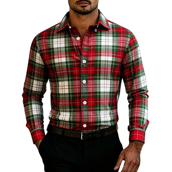 Stamzod Men's Fashion Christmas Shirts Turndown Long Sleeve Plaid Shirt Holiday Party Casual Shirts for Men Multicolor B XXL
