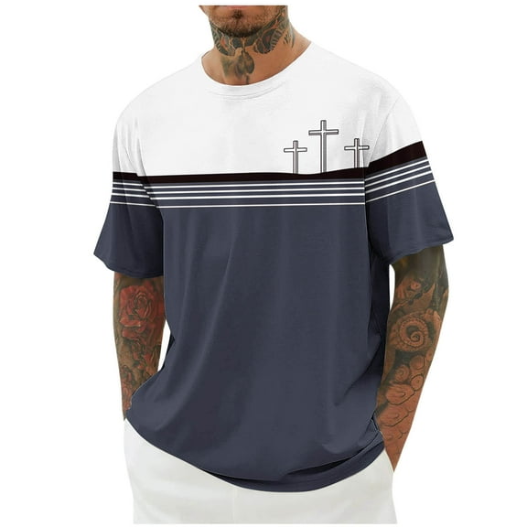 Stamzod Men's Fashion Patchwork Printing Summer Round Neck Short Sleeve Shirts Casual Loose Plus Size Tshirts Shirts for Men Blue L