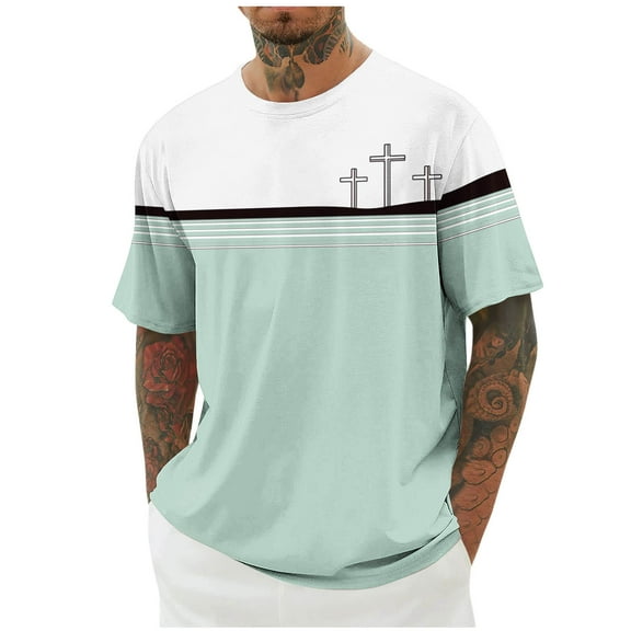 Stamzod Men's Fashion Patchwork Printing Summer Round Neck Short Sleeve Shirts Casual Loose Plus Size Tshirts Shirts for Men Green XL