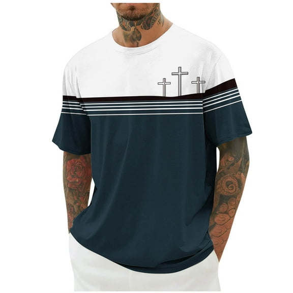 Stamzod Men's Fashion Patchwork Printing Summer Round Neck Short Sleeve Shirts Casual Loose Plus Size Tshirts Shirts for Men Navy XXL