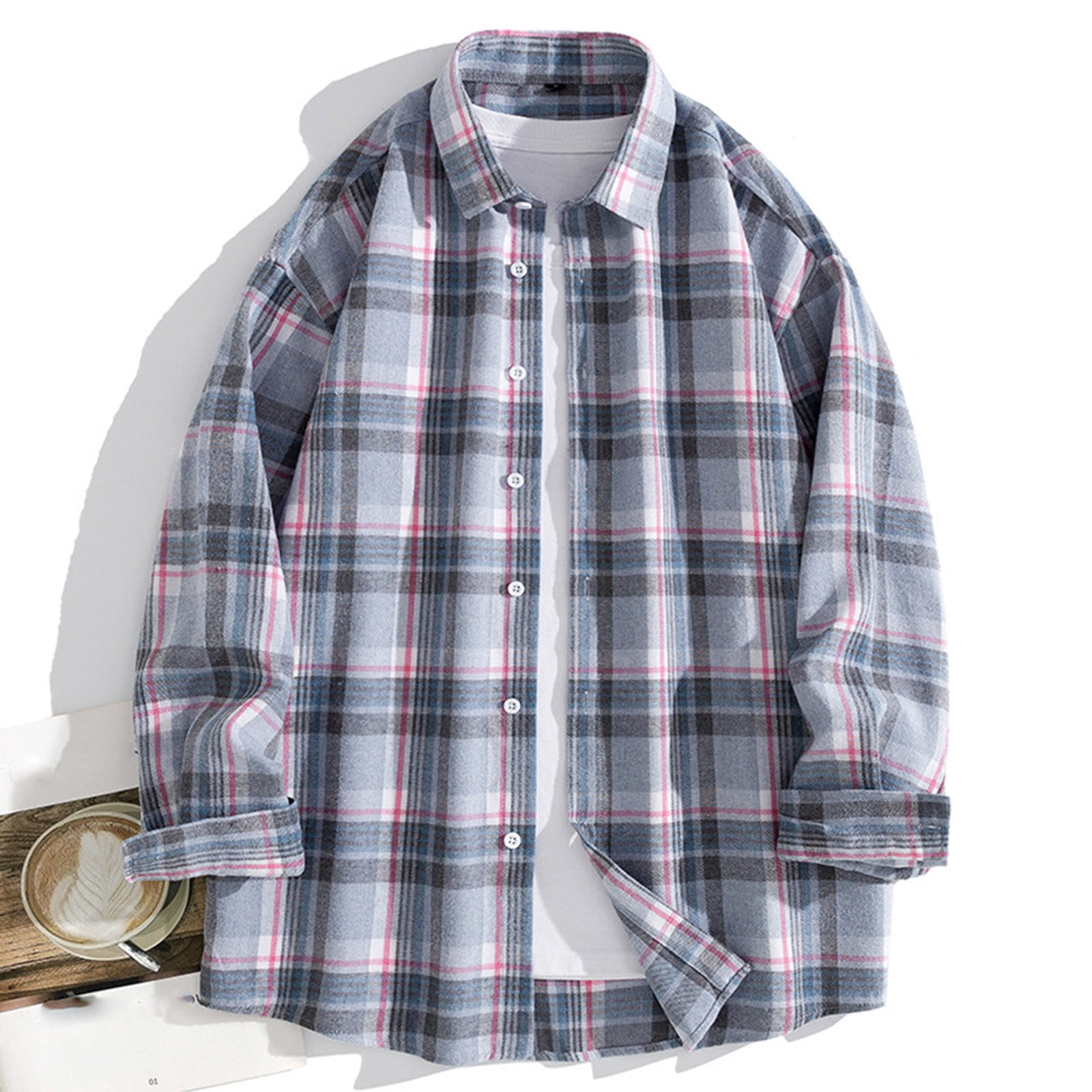 Stamzod Men's Fashion Plaid Pritned Button Up Shirt Turndown Long Sleeve Oversized Shirt Casual Mens Shirts Blue-10 L, Size: Large
