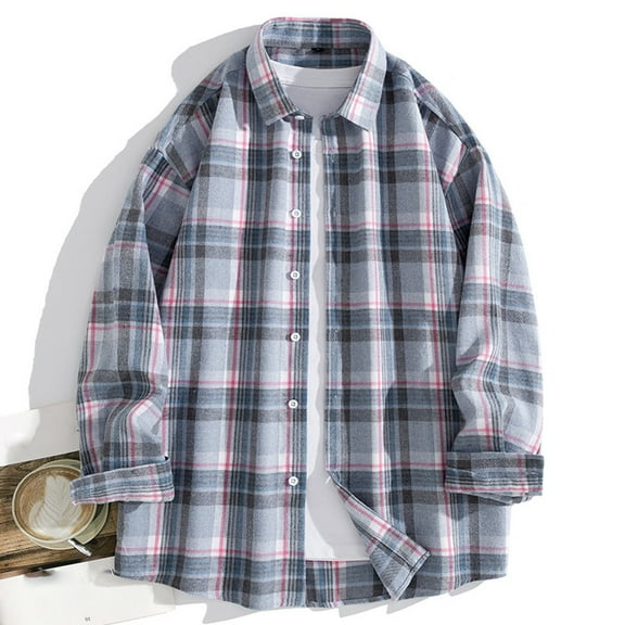 Stamzod Men's Fashion Plaid Pritned Button Up Shirt Turndown Long Sleeve Oversized Shirt Casual Mens Shirts Blue-10 XL
