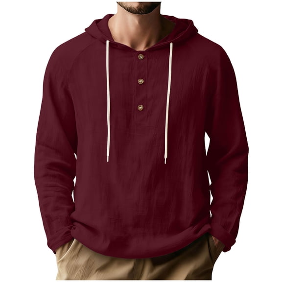 Stamzod Men's Fashion Summer Hoodies Solid Color Cotton and Linen Hooded Sweatshirt Casual Long Sleeve Pullover Hoodie Men Plus Size Beach Vacation Clothes Wine-2 XXXL