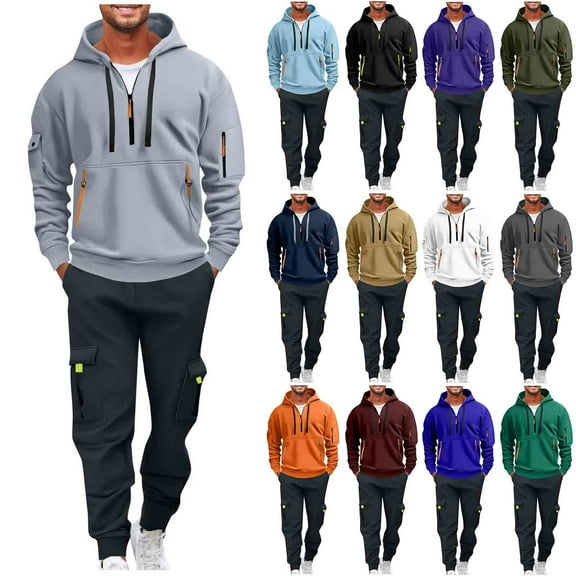 Stamzod Men's Fashion Sweat Suit Solid Color Long Sleeve 1/4 Zip Pullover Mens Hoodie and Cargo Pants with Pocket Casual Sweatsuits for Men Navy M