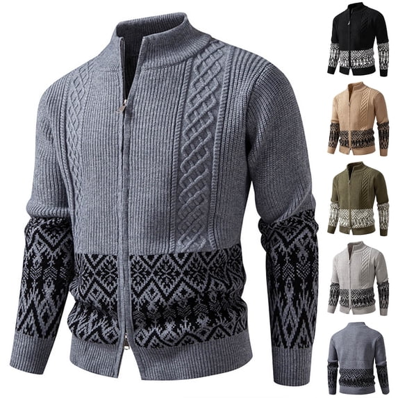 Stamzod Men's Fashion Sweater Jacket Casual Stand Collar Long Sleeve Full Zip Jackets for Men Winter Coat Knitted Sweaters Gray F XXXXL