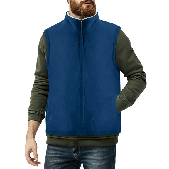 Stamzod Men's Fashion Winter Vest Jackets Solid Color Thicked Warm Fleece Zip Up Jacket Casual Mens Vests Outerwear with Pocket Blue XL