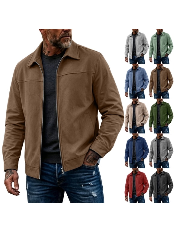 Men's Faux Suede Bomber Jacket Fall Winter Full Zip Windbreaker Jackets Casual Work Fall Coats for Men Blue L