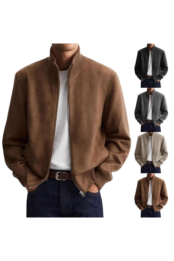 Men's Faux Suede Jackets Casual Stand Collar Long Sleeve Bomber Jacket Men Stylish Dressy Work Cropped Windbreaker with Pockets Brown L