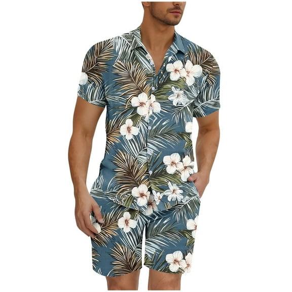 Stamzod Men's Hawaiian 2 Piece Outfits Summer Tropical Printed Button Down Shirts and Shorts Beach Vacation Clothes for Men Navy XXL