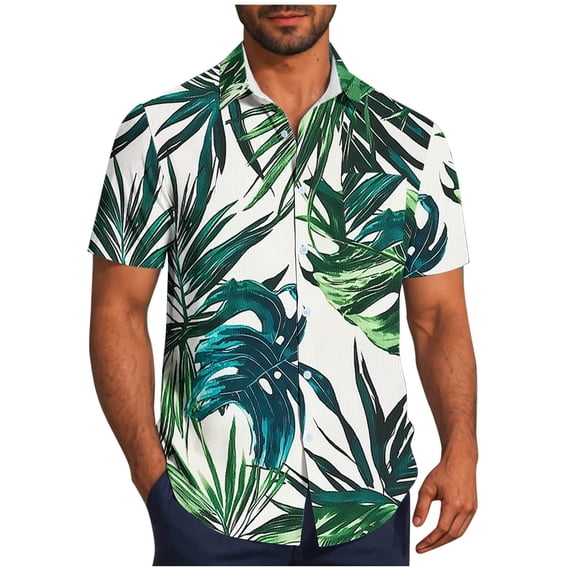 Stamzod Men's Hawaiian Shirt Short Sleeve Palmshadow Printed Button Down Summer Beach Casual Shirts Plus Size Men's Clothing Green AA XL