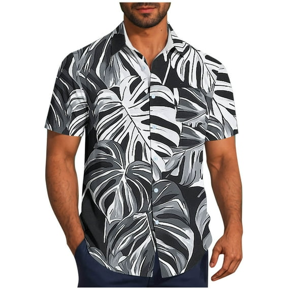 Stamzod Men's Hawaiian Shirt Summer Short Sleeve Tropical Vacation Button Down Beach Floral Palm Shirts Plus Size Shirts for Men Black B M
