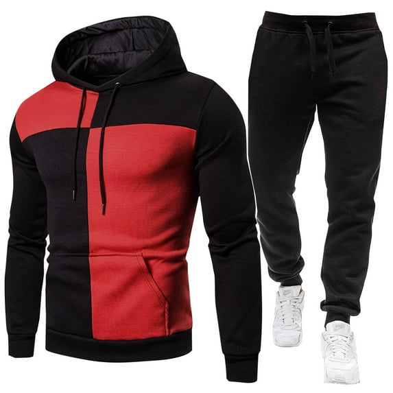 Stamzod Men's Hooded Sweatsuit Set with Fleece Lined Long Sleeve Causal Jogging Suit Classic Color Block Warm Up Tracksuits for Men 2 Piece Outfits on