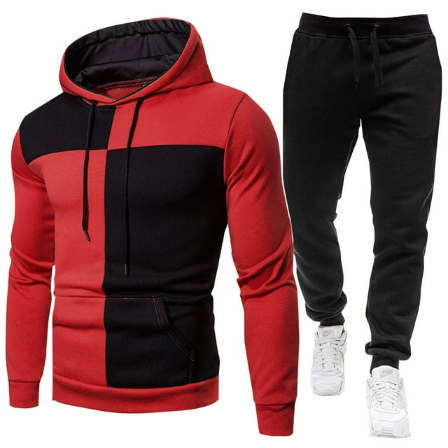 Stamzod Men's Hooded Sweatsuit Set with Fleece Lined Long Sleeve Causal Jogging Suit Classic Color Block Warm Up Tracksuits for Men 2 Piece Outfits on Sale