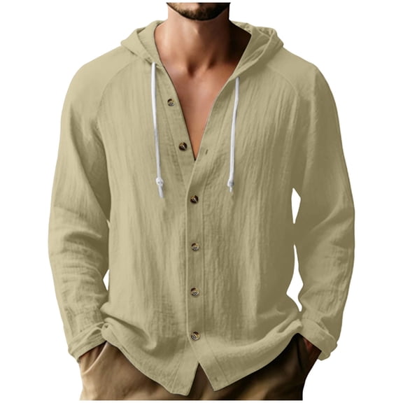 Stamzod Men's Hoodies Summer Cotton and Linen Button Up Hoodie Men Casual Vacation Beach Hooded Sweatshirt Plus Size Clothes Khaki-1 XXXL