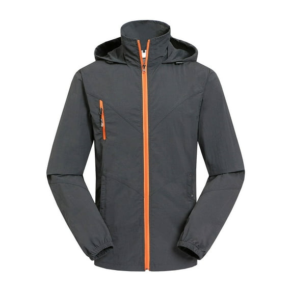 Stamzod Men's Lightweight Jackets Solid Color Zip-up Waterproof Rain Coat with Hood Outdoor Hiking Running Casual Outwear Plus Size Waterproof Jackets for Men Gray S