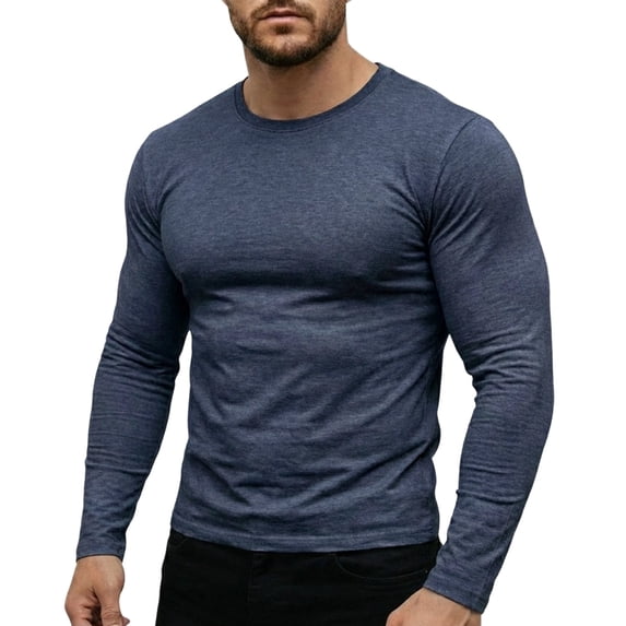 Stamzod Men's Long Sleeve T-Shirts Muscle Crewneck Basic Tee Tops Casual Undershirts Yoga Gym Sports Workout Shirts Navy C XL