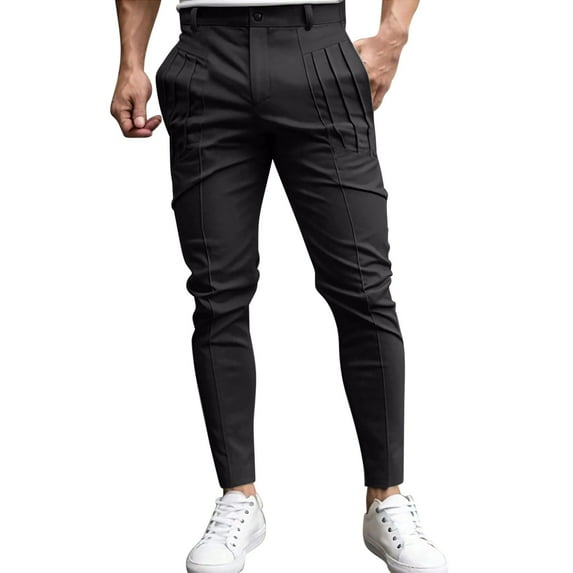 Stamzod Men's Pants Fashion Solid Color Summer Slim-Fit Stretch Ruched Design Work Trousers Daily Casual Oversized Pants with Pocket Black XXL
